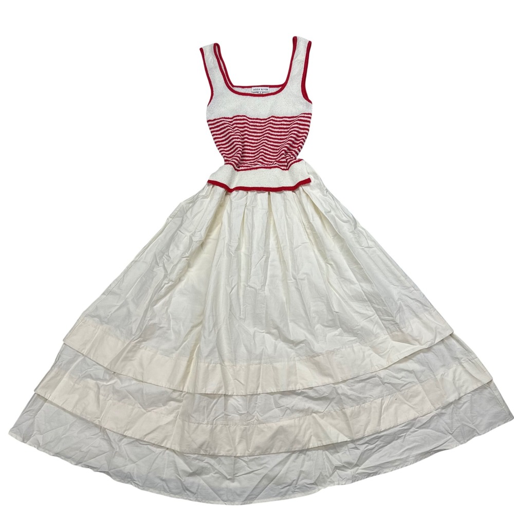 Moon River Red White Striped Knit Tiered Maxi Dress Small Square Neck Sleeveless